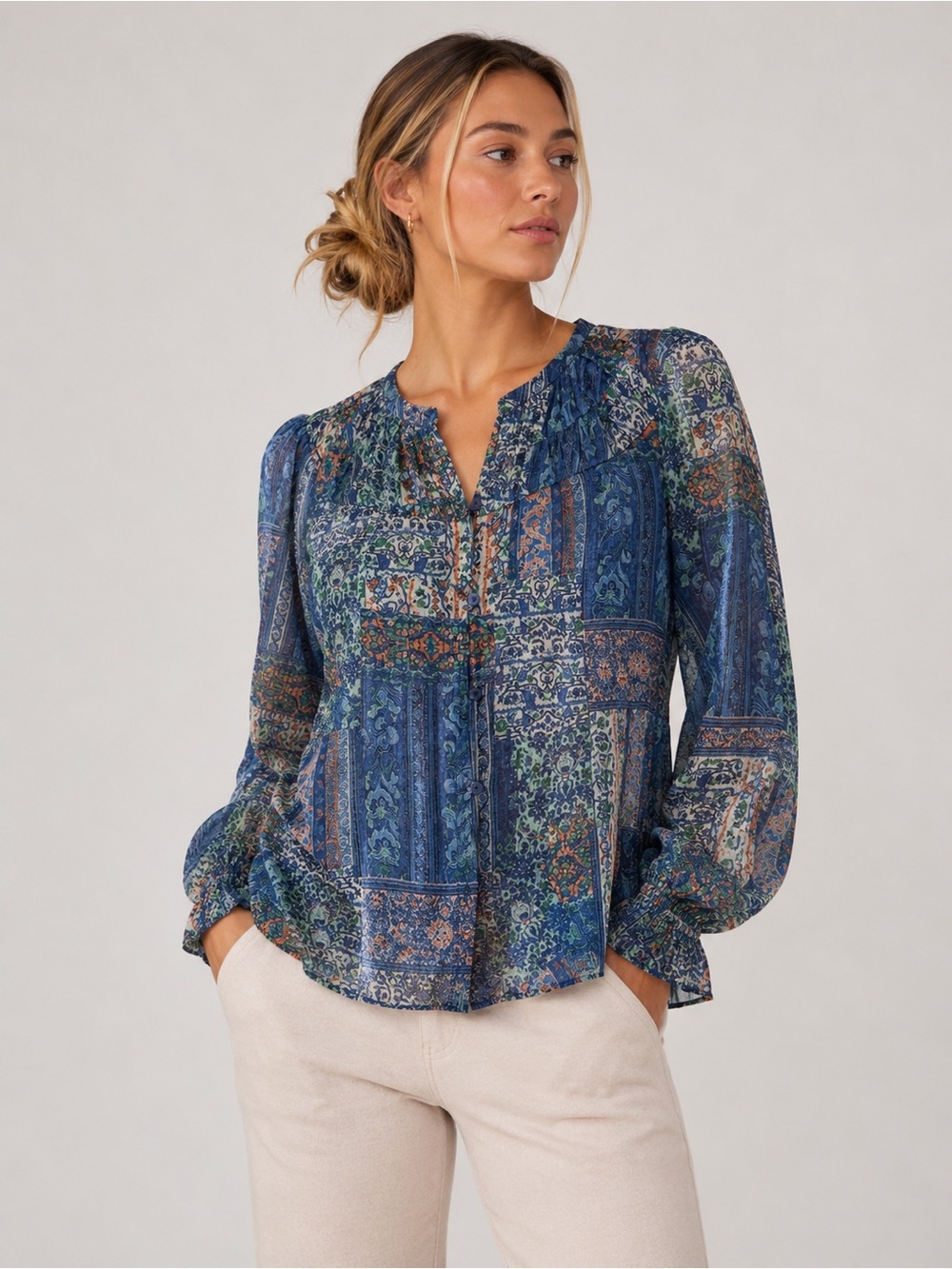 Ramy Brook Blue Patterned Peasant Blouse - Women‎